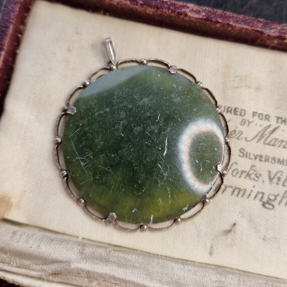 Old large Art Nouveau 800 silver pendant with moss agate, art deco, true vintage, green agate
