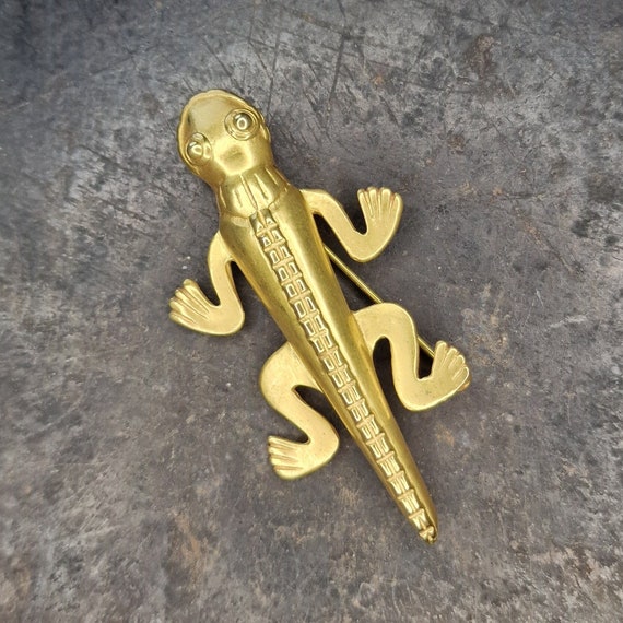 Rare L.A CANO brooch lizard gold plated replica (24k gold plated), pre-Columbian style 002