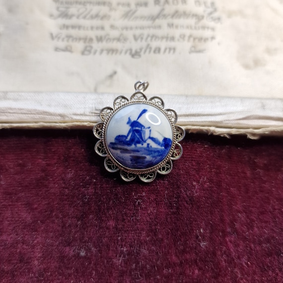 Vintage Silver Filigree Delft Pendant, Filigree Silver Jewelry, Holland, Porcelain, Windmill