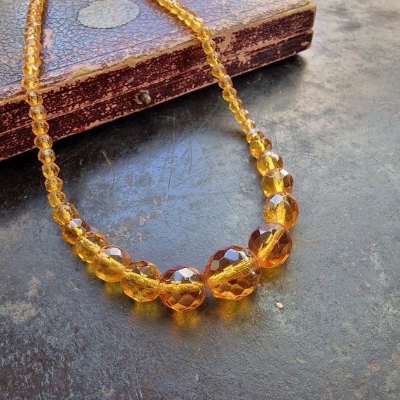 Bohemian glass yellow necklace chain Glass chain orange, cut glass, around 1930 in the course, true vintage, Art Nouveau