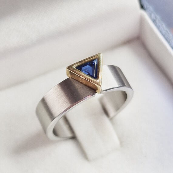 Modern 585 gold and stainless steel ring, modern design, London blue topaz, designer