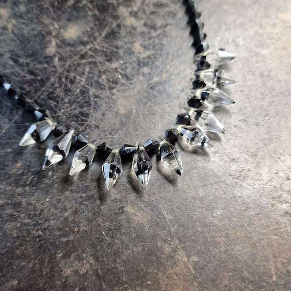 Art Nouveau 1920s glass necklace black, ground white, cut glass, checkerboard, crystal chain, true vintage