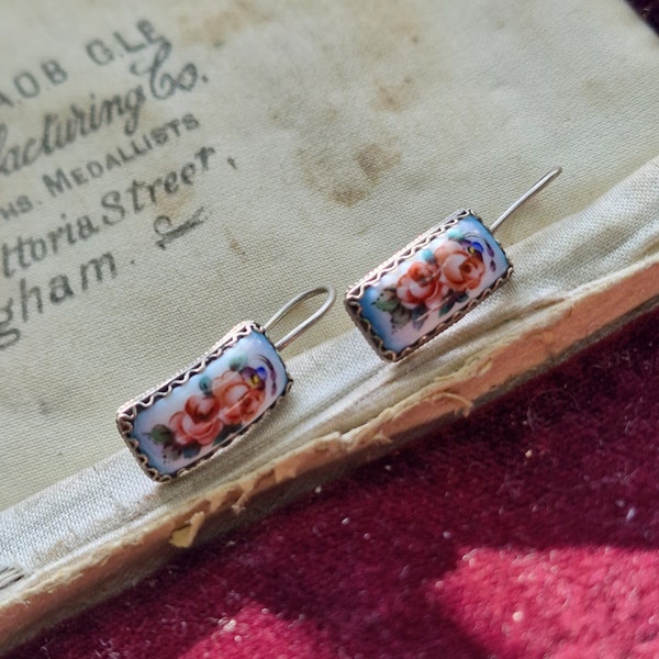 Vintage Rostov Finift earrings, blue, flowers, painted, Russia jewelry, enamel, true vintage, silver plated, wire, true vintage