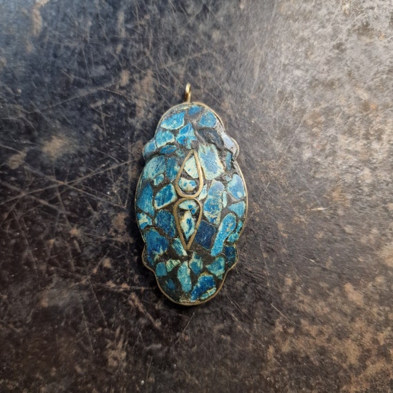 Vintage 1940's India Inlay Mosaic Turquoise Pendant, Brass and Turquoise, India Pendant Retro India Pendant, Old Indian Pendant