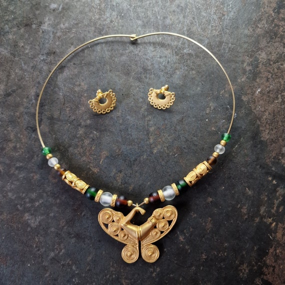 Rare pre-Columbian replica INCA jewelry set glass 24K gold plated chain necklace jewelry set Art Cano