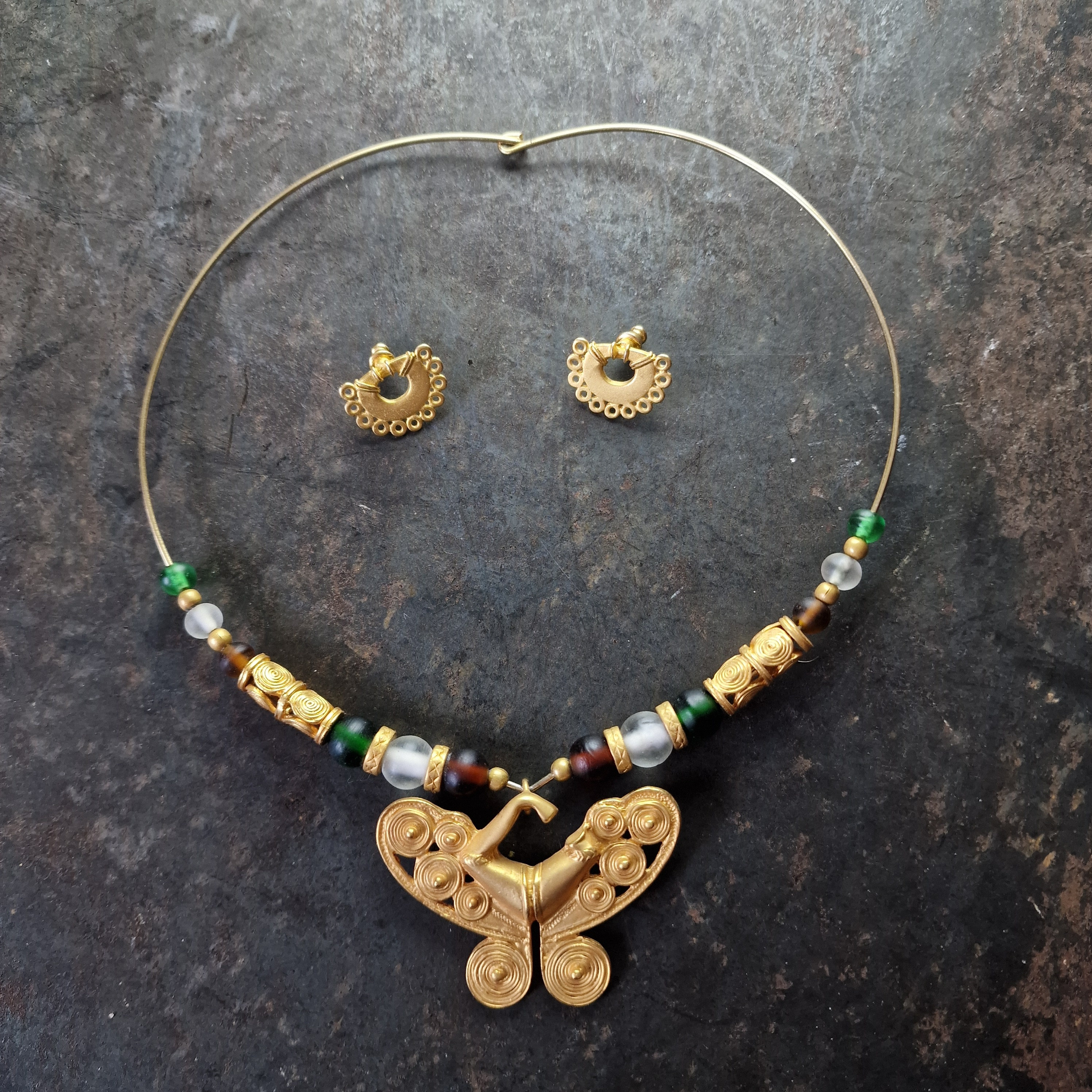 Rare Pre columbian Replica INCA Jewelry Set Glass 24K Gold Plated Chain Necklace Jewelry Set Art Cano Etsy