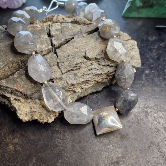 XXL phantom quartz necklace, necklace, free form, with 925 sterling silver and brass ornaments