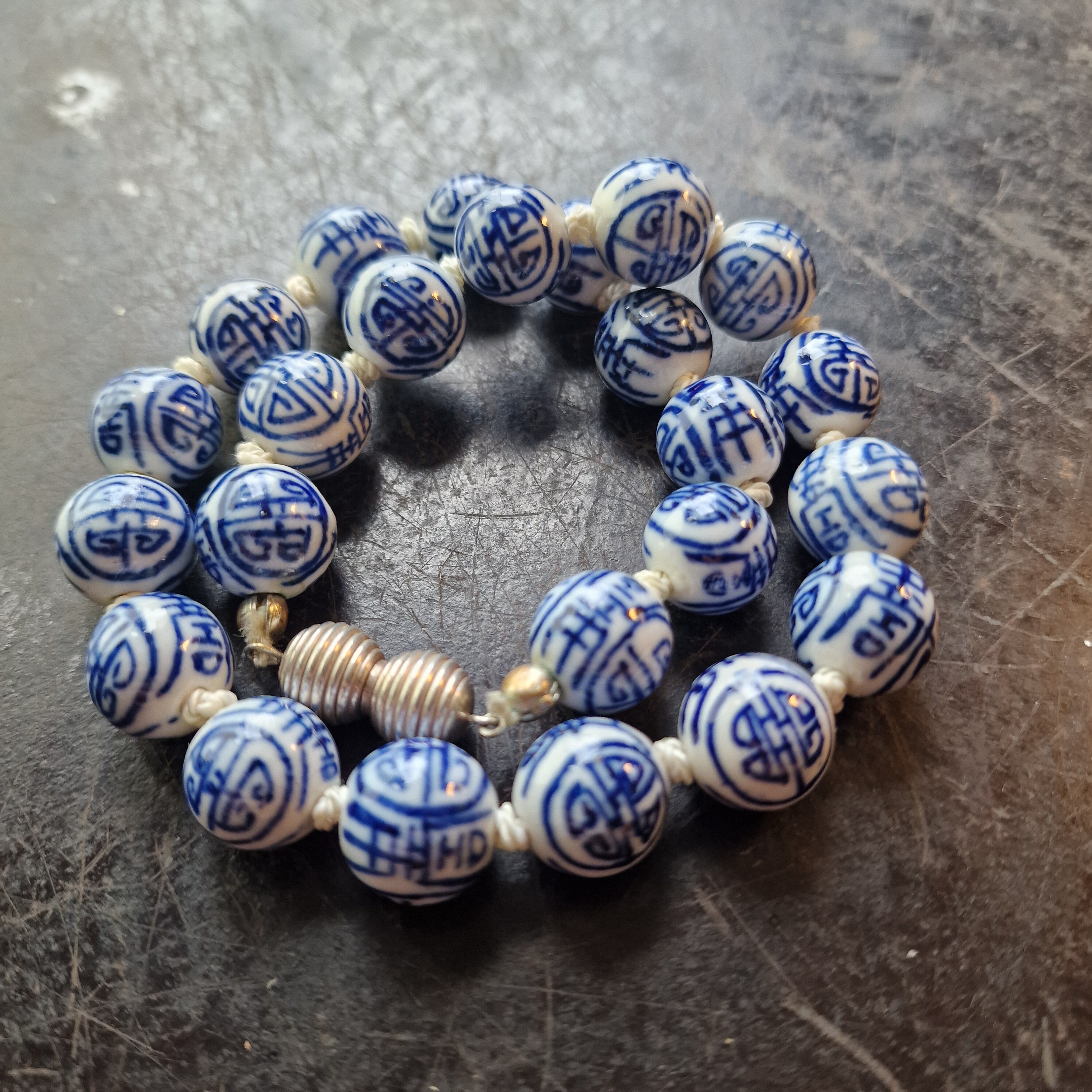Vintage Chinese Export Blue White Porcelain Necklace, Pearl