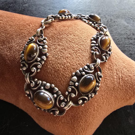 Art Nouveau traditional bracelet 835 silver, tiger's eye, floral, Art Nouveau, true vintage, cottage, elegant