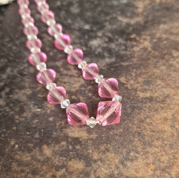 Great Art Deco cut glass chain pink hand cut glass chain necklace