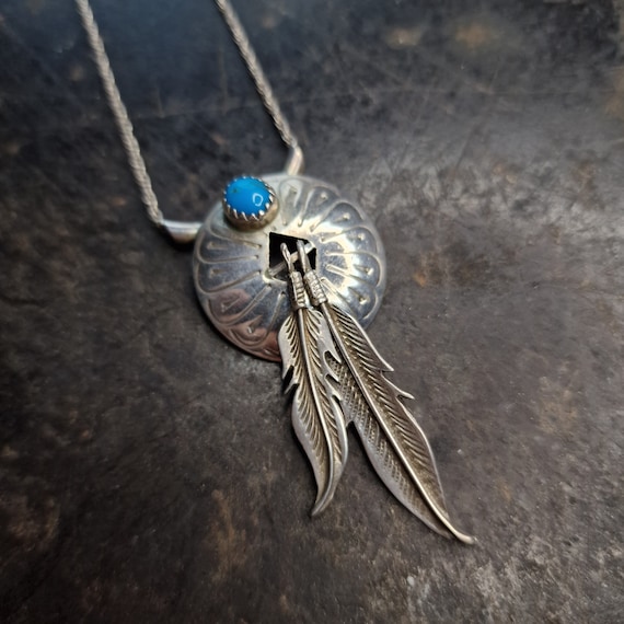 Turquoise Necklace, Feather, Sterling Silver, Navajo Native American, Tribal, Boho