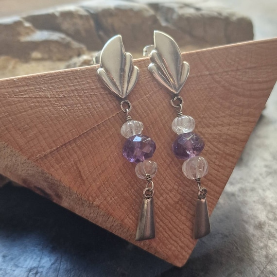 Designer 925 earrings with rock crystal and faceted amethyst, sterling silver, hanging earrings, floral, healing stone, purple