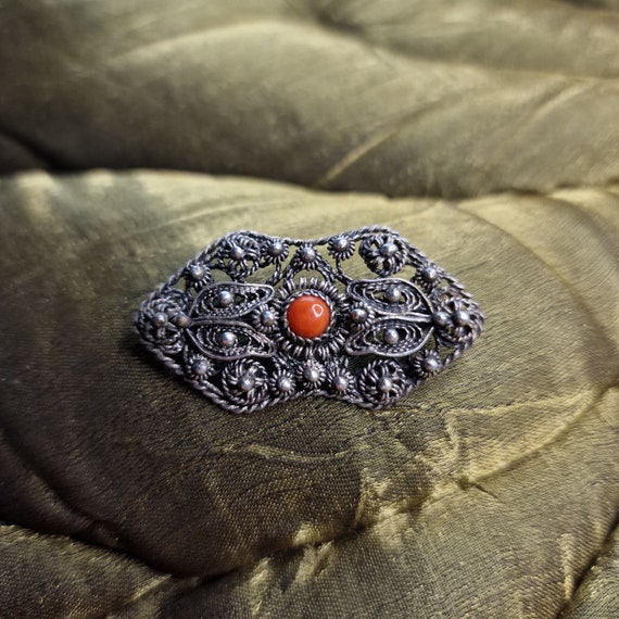 Old filigree art nouveau brooch 800 silver with coral