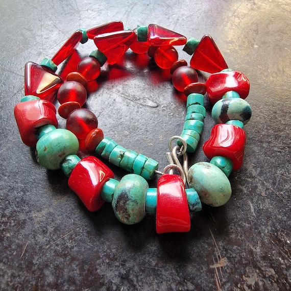 Gemstone jewellery, coral and turquoise necklace with 925 clasp, red glass, handmade, layered look, tribal