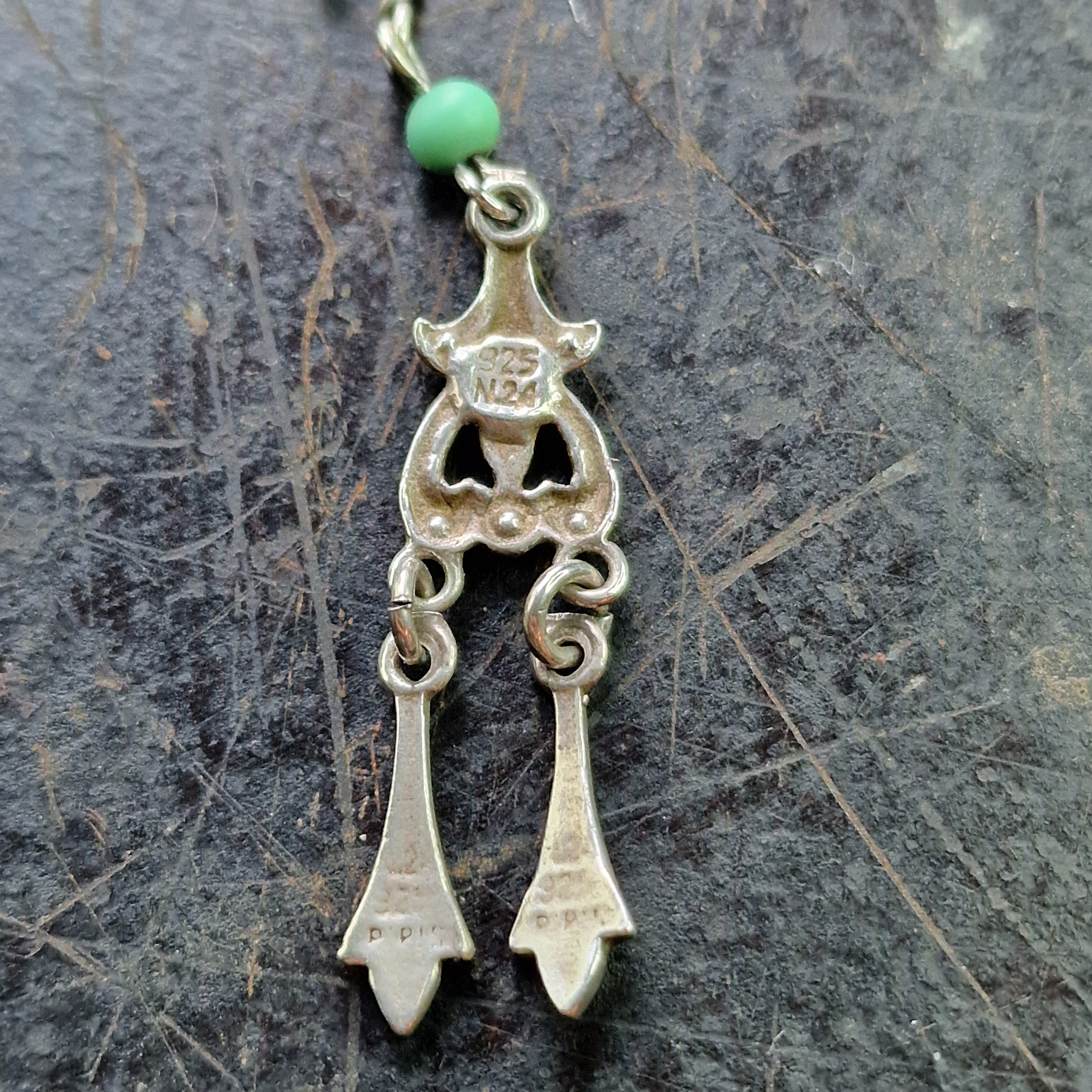 Boucles D'oreilles Turquoise Argenté Goutte Cône Noir Style Indien - Neuf Sans Emballage