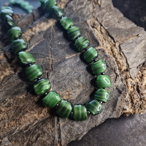 Vintage Art Nouveau malachite glass chain, necklace, Art Deco glass chain green, iridescent, rare, Bohemia