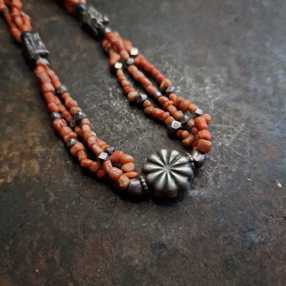 Old Indian silver and coral necklace 3 strands, rarely handmade