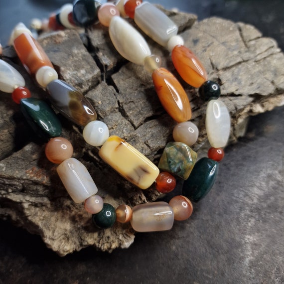 Double strand natural multicolor agate necklace with long clasp 925 silver plated
