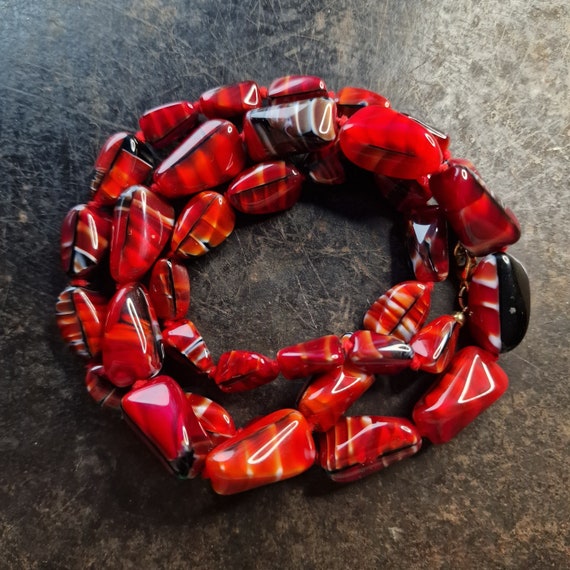 Vintage Bohemian glass necklace red, black, white, handmade, midcentury, necklace, true vintage, rare, marbled, in the course