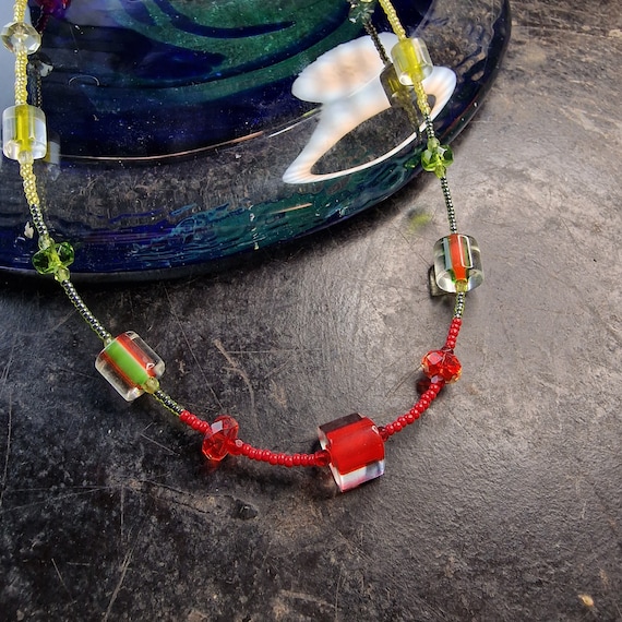 Colorful Bohemian glass necklace, rainbow, red and green, necklace, handmade, stainless steel clasp, boho