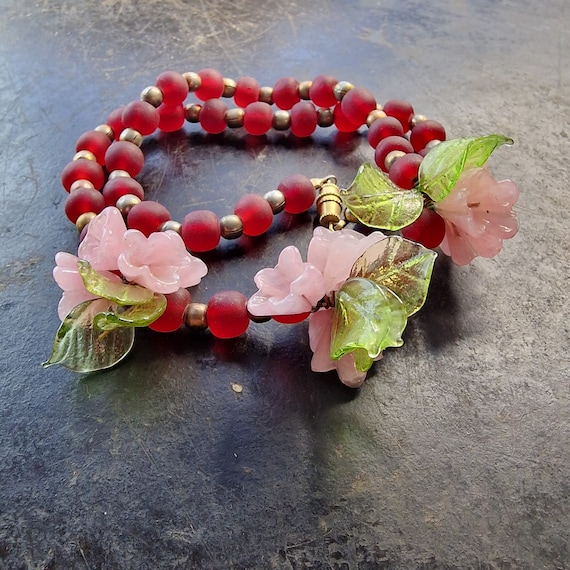 Collier Vintage Perles De Verre Murano - Design Floral Fait Main, Longueur 46-50 Cm - Doré