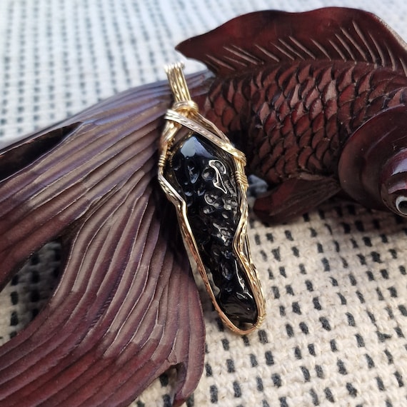 Forged Tektite pendant, 14 carat rolled gold, handmade, tribal, boho, natural stone, healing stone