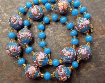 Seltene Vintage Art Deco Venetian Blue Wedding Cake Murano Glass Beaded Necklace Halskette Collier Millefiori