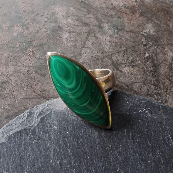 Vintage Mexico 925 silver malachite solid ring, s… - image 3