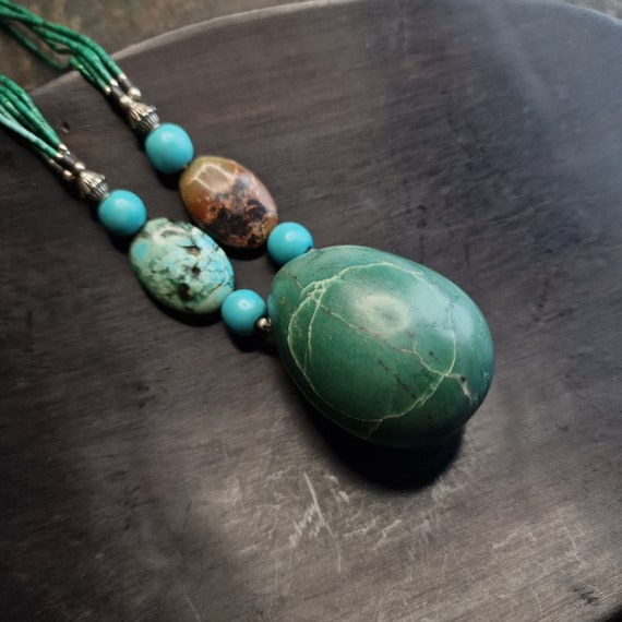Large Rare Afghan Chrysocolla Turquoise and Lapis Lazuli Necklace Handcrafted Nomad Silver