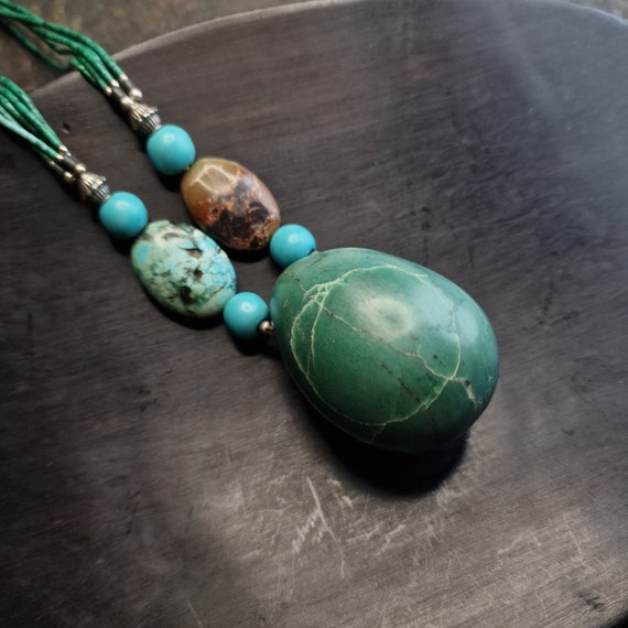 Large Rare Afghan Chrysocolla Turquoise and Lapis Lazuli Necklace Handcrafted Nomad Silver