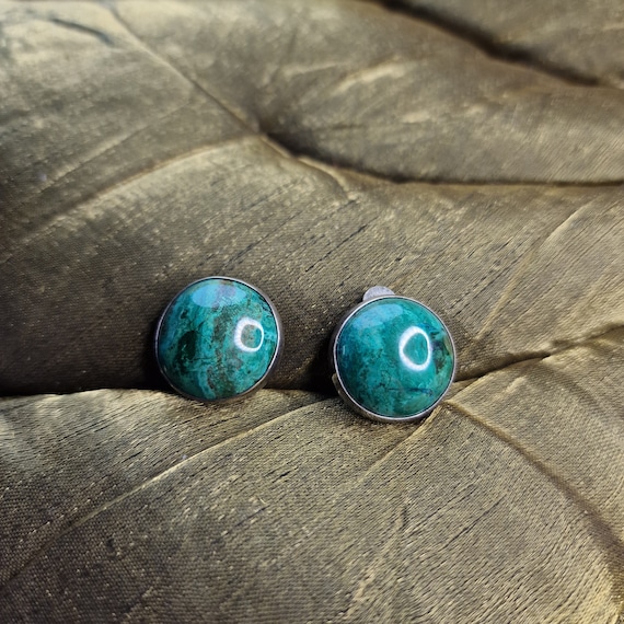 Old chrysocolla ear clips 925 sterling silver vintage, solid