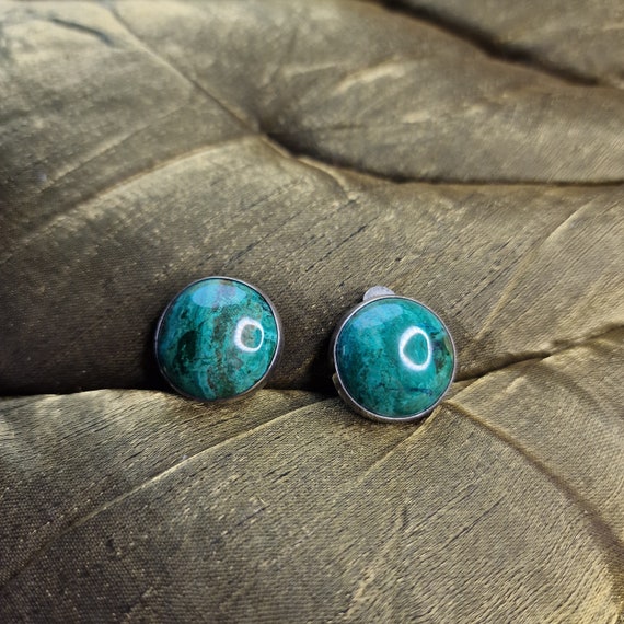 Old chrysocolla ear clips 925 sterling silver vintage, solid