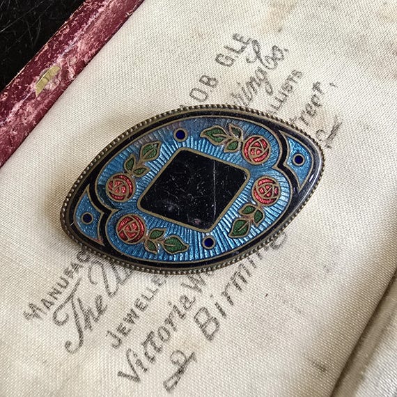 Broche Ancienne Art Déco émaillée Avec Motif Fleur - Cuivre