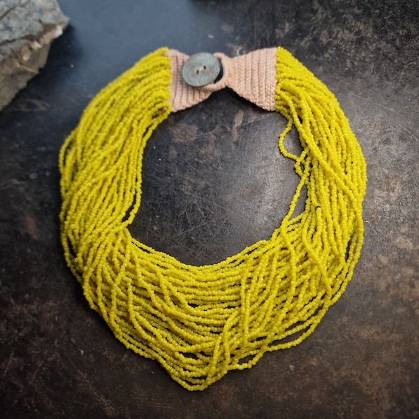 Vintage Konyak Naga Handmade Yellow Bead Jewelry, Yellow Seed Bead Necklace, Indian Jewelry, Unique