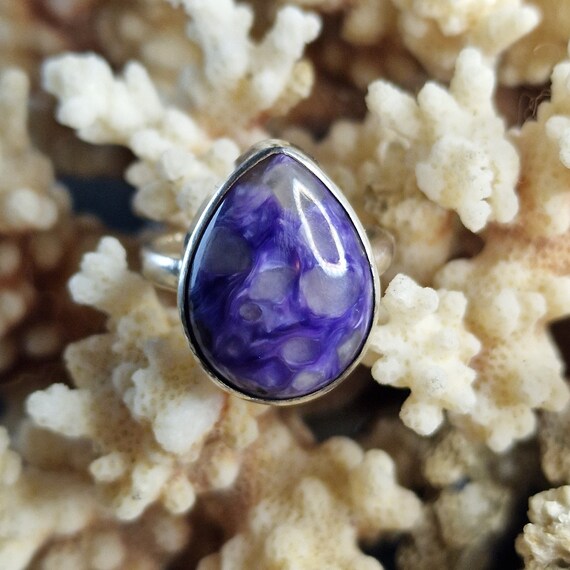 Gemstone jewelry 925 sterling silver charoit ring, teardrop, cabochon, tribal, natural stone, boho