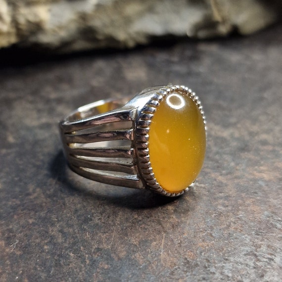 Natural Yemeni Zard Aqeeq Men's Ring Sterling Silver 925 Yellow Agate Ring Yellow Aqeeq Ring, Natural Stone, Orange
