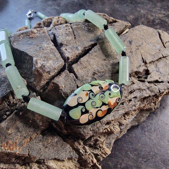 Designer gemstone jewelry aventurine and glass, "Green Harmony", art glass, green stone, natural stone, stainless steel, boho