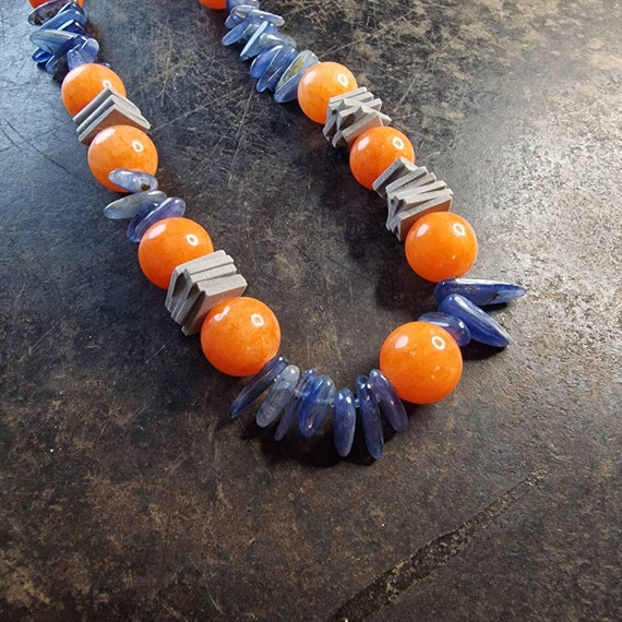 Designer Tanzanite and Orange Calcite Necklace, Chain, Natural Tanzanite, Blue Orange, Stainless Steel Clasp, Modern, Layered