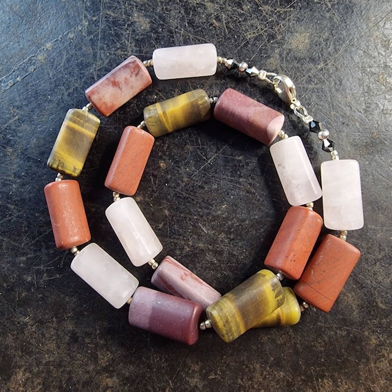 Gemstone necklace with tiger eye, rose quartz, jasper, 925 clasp, layered look, boho, natural stone, healing stone