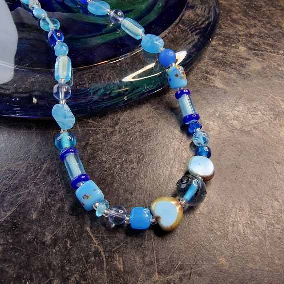 Lampwork necklace, glass beads from Bohemia, handmade, blue, sea, with stainless steel clasp, boho
