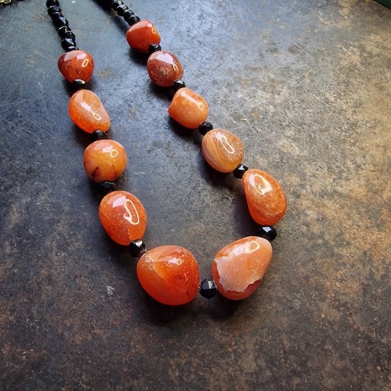 Carnelian chain, designer necklace, carnelian, raw stone, faceted with glass beads, handwork, layered look