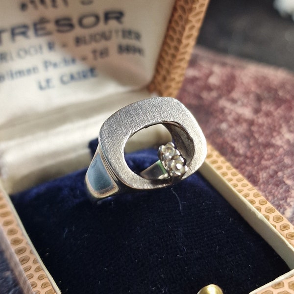 Vintage Space Age 935 silver ring with rock crystal, gemstone ring, midcentury design, rectangular, true vintage, designer jewelry