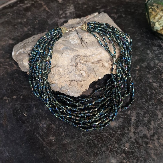 XXL Vintage Bohemian Glass Necklace Green iridescent