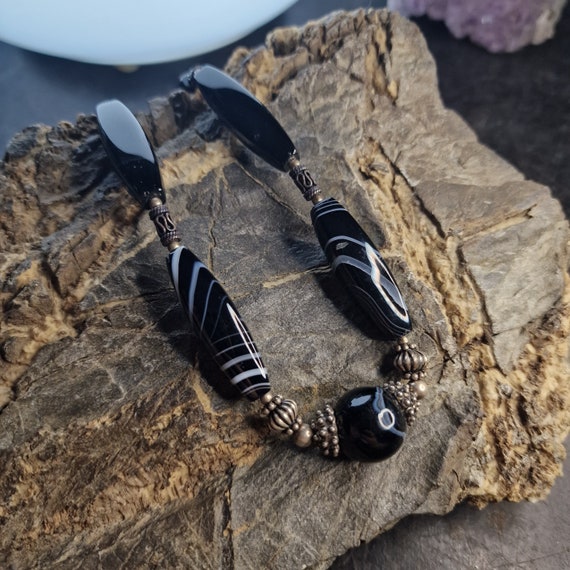 Gemstone chain black agate Necklace with 925 silver ornaments and clasp, rectangular, India, handwork