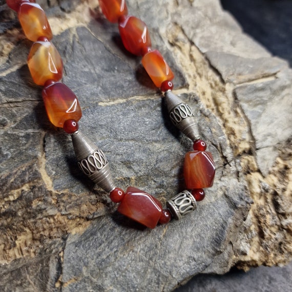 Ethno carnelian necklace, necklace with 925 silver clasp, India, ethno, boho, handmade, faceted carnelian