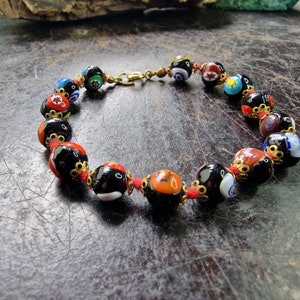 Vintage Art Deco Murano, Venetianisch lila Glass Beaded Armband, Bracelet, gold, Schwarz, bunt, selten, Italien, Millefiori