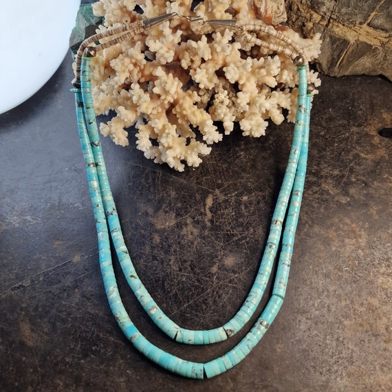 Large Navajo XXL turquoise necklace, double row, Heishi beads, 925 sterling silver, rondel necklace, Indian jewelry, tribal, boho