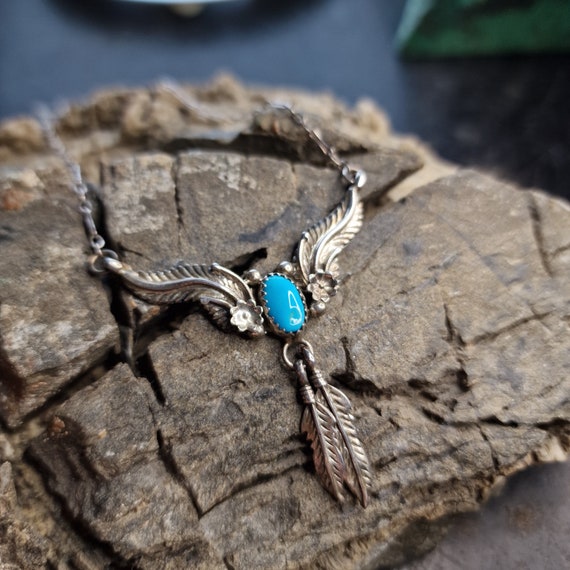 Turquoise Necklace, Feather, Sterling Silver, Nav… - image 2