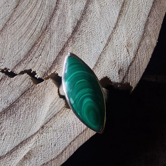 Vintage Mexico 925 silver malachite solid ring, s… - image 2