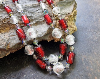 Vintage red Murano necklace, chain, venetian, true vintage, colorful glass chain, Murano millefiori, silver foil, Aurora Borealis, Art Nouveau